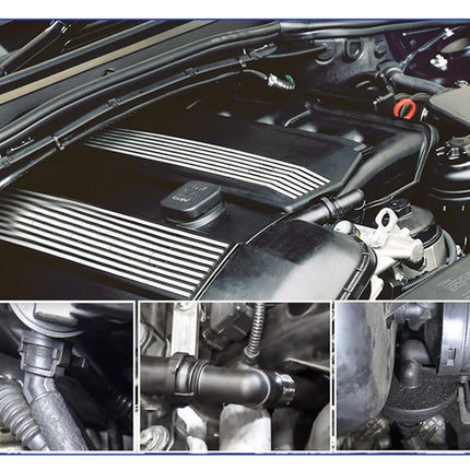 Close-up of a car engine with additional inset images showing different parts.