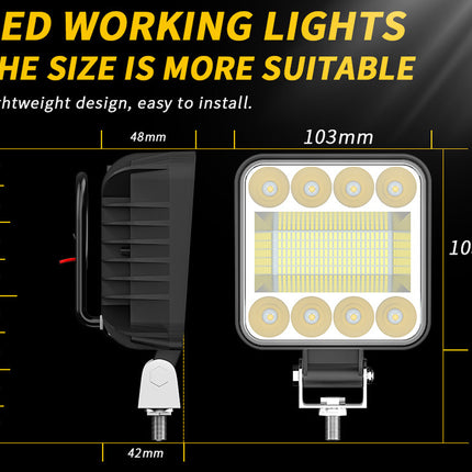 LED working light with dimensions and installation information on a black background