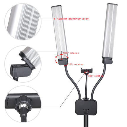 A dual-head outdoor LED street light on a black pole, shown with three circular detail callouts highlighting the aviation aluminum alloy finish, 180-degree rotation, and 360-degree rotation capabilities.