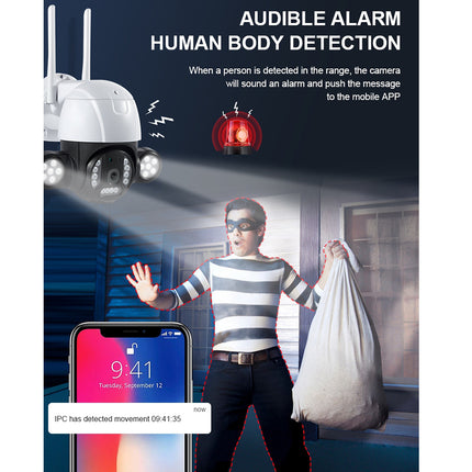 Security camera with audible alarm and human body detection feature, showing a person with a bag and a smartphone app interface.