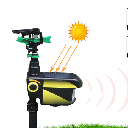 Solar-powered animal deterrent device with sun icon and deer silhouette on a white background
