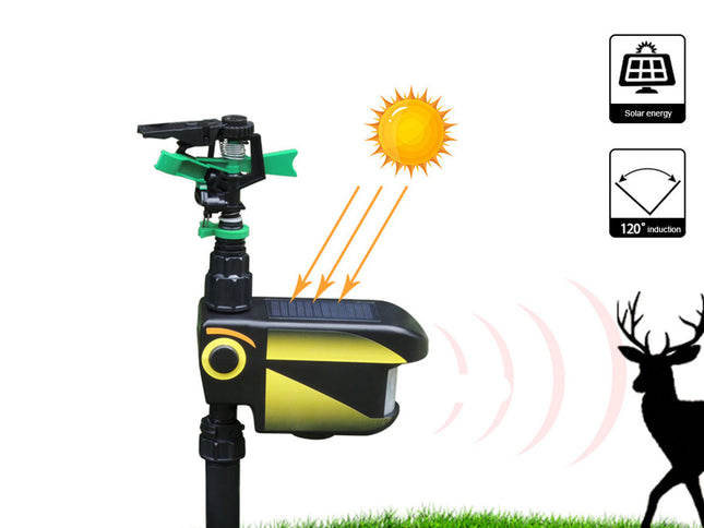 Solar-powered animal deterrent device with sun icon and deer silhouette on a white background