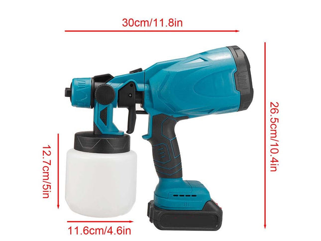 Blue spray gun with measurements on a white background