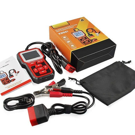 Car battery tester with cables, manual, and pouch on a white background