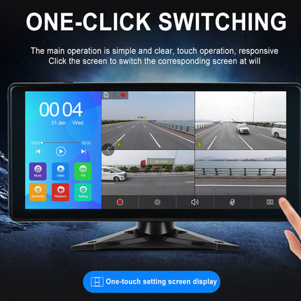 Multimedia display with touch screen interface showing one-click switching feature.