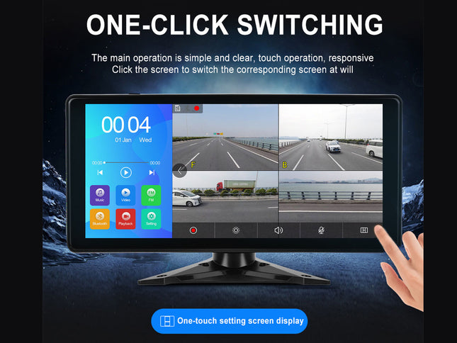 Multimedia display with touch screen interface showing one-click switching feature.