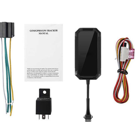 A car GPS tracker kit with a black rectangular tracker unit, a multi-colored wiring harness, a black relay, a white instruction booklet titled 'CANBUS PRO'S TRACKER MANUAL', and a black connector, all arranged on a plain white background.