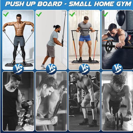 Collage of a man using a push-up board in various gym settings with text 'PUSH UP BOARD - SMALL HOME GYM'.
