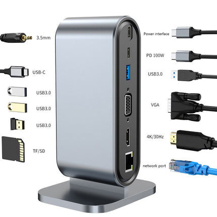 Multifunctional docking station with various cables and connectors on a white background