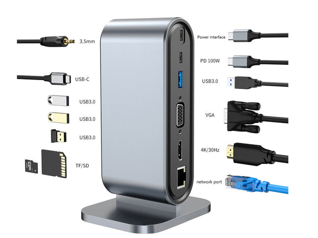 Multifunctional docking station with various cables and connectors on a white background