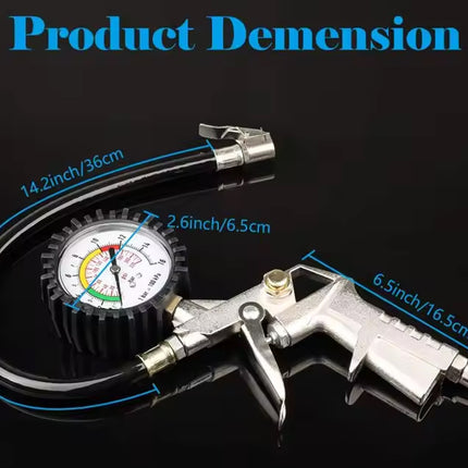 Air pressure gauge and nozzle set on a black reflective background with blue text reading 'Product Demension' and dimension callouts for the hose and nozzle.
