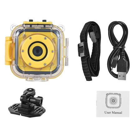 Yellow waterproof camera with a clear protective housing, shown with a black wrist strap, black USB cable, black mounting bracket, and a user manual on a white background.