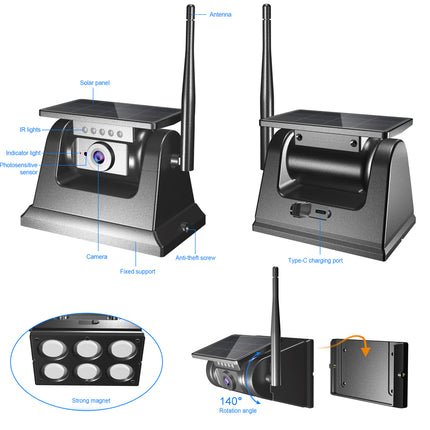 Technical diagram of a security camera system with labeled parts on a white background