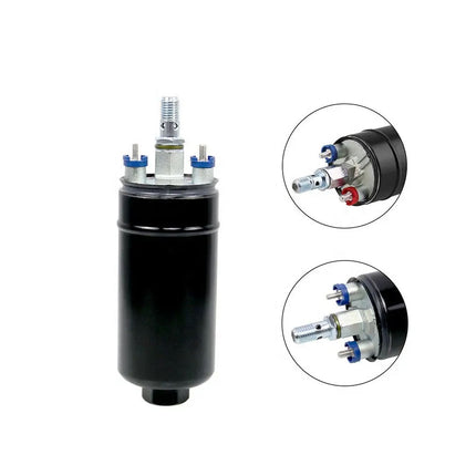 A black cylindrical automotive fuel pump with metal terminal hardware, shown on a white background with two circular inset close-ups of the connector details.