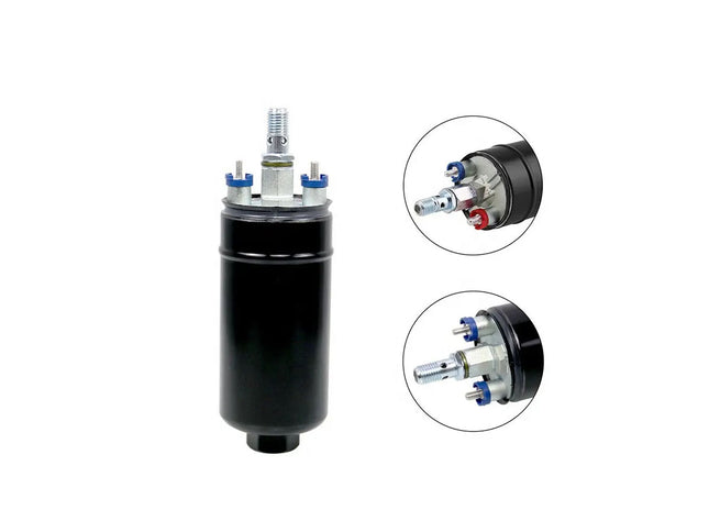 A black cylindrical automotive fuel pump with metal terminal hardware, shown on a white background with two circular inset close-ups of the connector details.