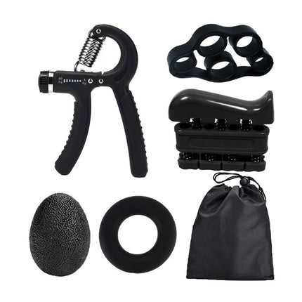 Set of black hand and finger exercisers with a carrying bag on a white background