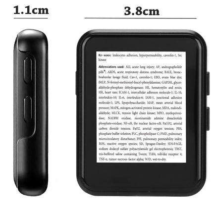 Black smartwatch shown from the front and side dimensions
