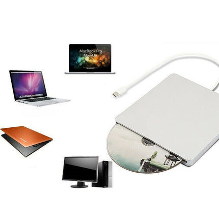 External DVD drive with laptops and a monitor on a white background