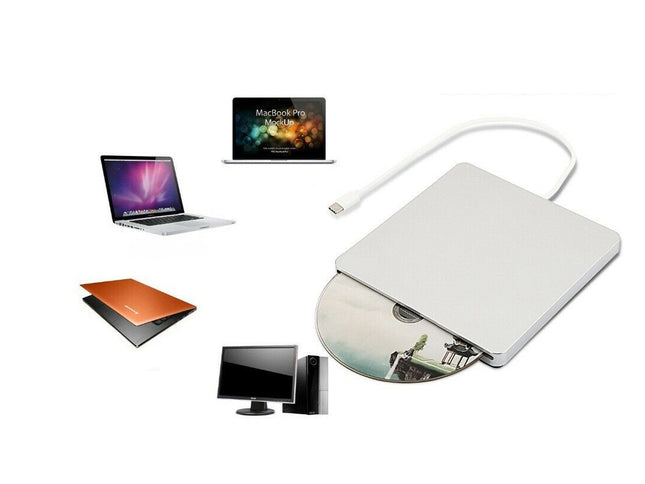 External DVD drive with laptops and a monitor on a white background