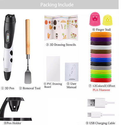 A product kit titled 'Packing Include' showing multiple components on a white background: a 3D pen, removal tool, 3D drawing stencils, PVC drawing board, user manual, 12 colors of PLA filament, finger stalls, a pen holder, and a USB charging cable.