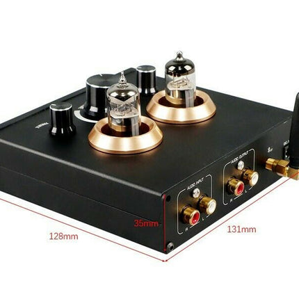 Audio amplifier with vacuum tubes and dimensions on a white background