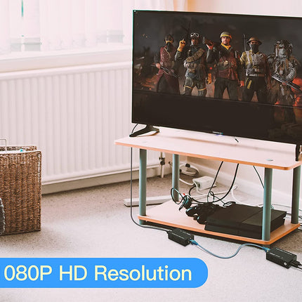 TV on a stand displaying a game with 1080P HD Resolution text overlay