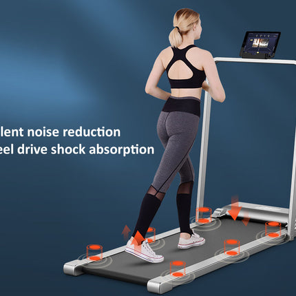 Woman using a treadmill with text about silent noise reduction and six-wheel drive shock absorption on a blue background