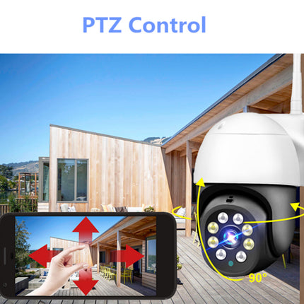 Outdoor security camera with PTZ control features displayed on a smartphone screen, set against a house exterior.