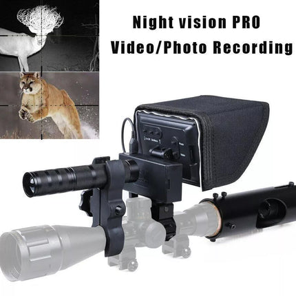Night vision device with images of a deer and a wolf on a white background