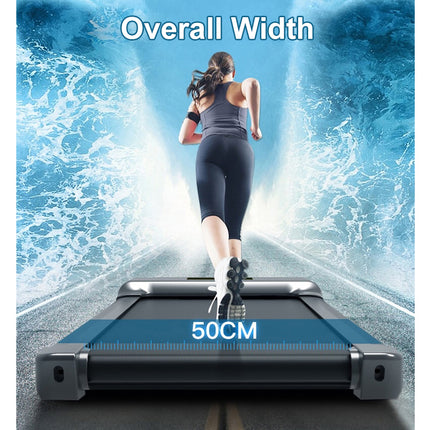 Woman running on a treadmill with a blue water effect background and text indicating 'Overall Width 50CM'.