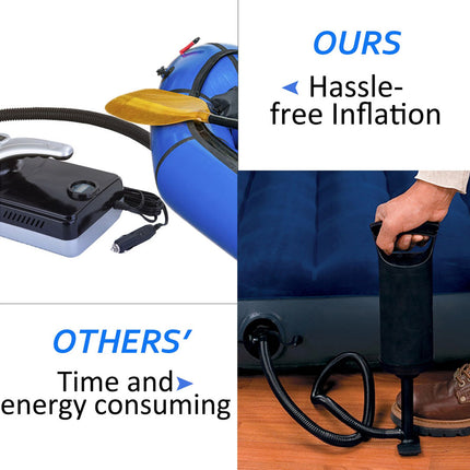 Inflation pump for an inflatable boat with text comparing 'OURS' hassle-free inflation to 'OTHERS' time and energy consuming method.