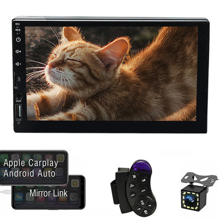 Car multimedia system with screen displaying a cat, Apple Carplay, Android Auto, mirror link, remote control, and camera on a white background.
