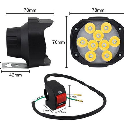 Measurement chart of a LED light bar, switch, and mounting bracket on a white background