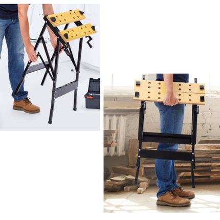 Collapsible step ladder with yellow platform being used by a person in a workshop setting.
