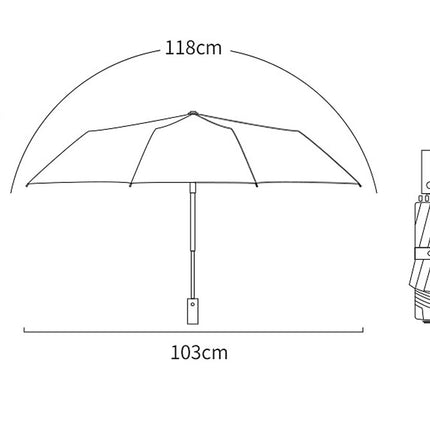 Measurement chart of an umbrella with dimensions labeled