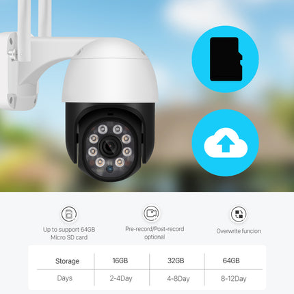 Security camera with storage and upload features displayed on a blurred outdoor background