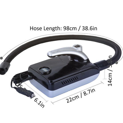Handheld vacuum cleaner with hose, showing dimensions on a white background