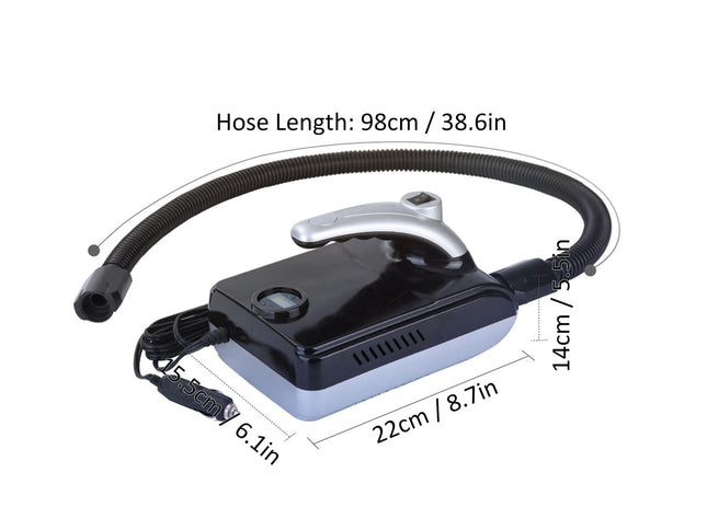 Handheld vacuum cleaner with hose, showing dimensions on a white background