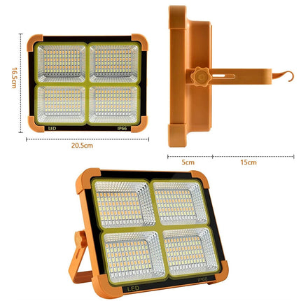 Orange work light with dimensions displayed on a white background
