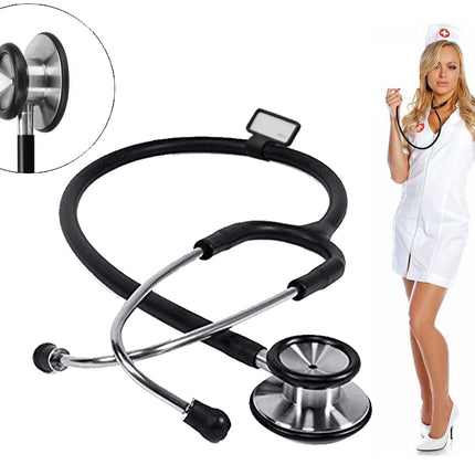 Stethoscope with a close-up detail and a person in a nurse outfit on a white background