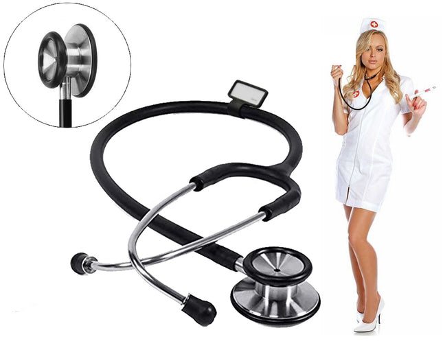 Stethoscope with a close-up detail and a person in a nurse outfit on a white background