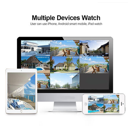 Multiple devices displaying a home security system view on a white background