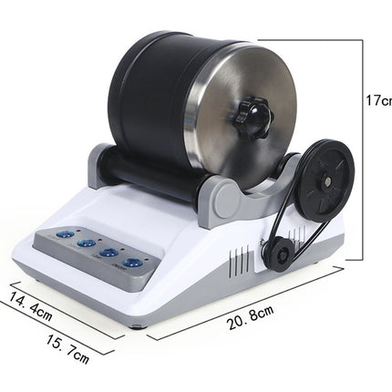 Small machine with a black cylindrical component and gray base, showing dimensions on a white background.