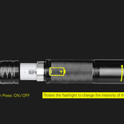 Black flashlight with yellow text instructions on a black background