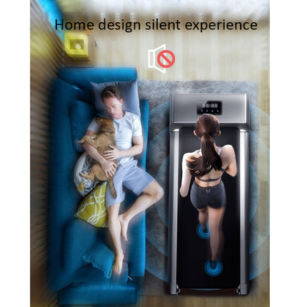 Person using a treadmill in a home setting with text 'Home design silent experience'.