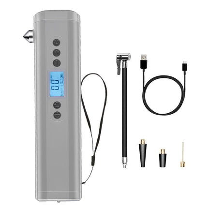 A handheld electronic device with a gray body, digital display, and wrist strap, shown alongside several accessories including a pen-like tool, USB cable, and small metal tips on a plain white background.