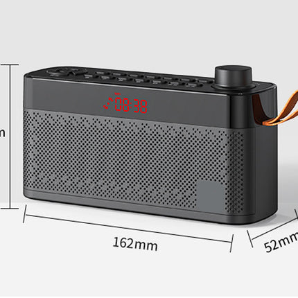 A black portable Bluetooth speaker with dimension labels showing 162mm length, 52mm width, and 80mm height, plus a small red digital display and an orange loop handle, on a light gray background.