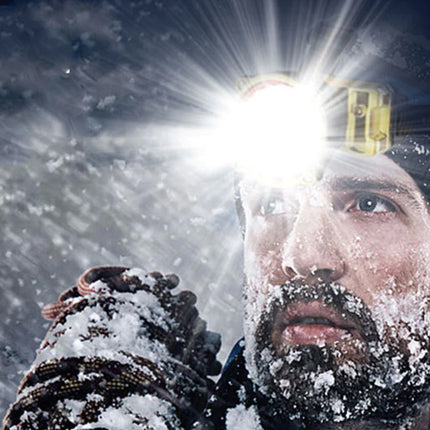 Person wearing a headlamp in a snowy environment
