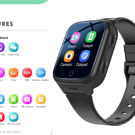 Smartwatch with app icons on display screen, featuring communication, safety, and life tools functionalities.