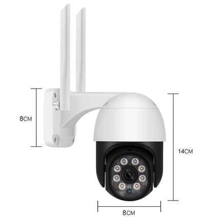 White security camera with dimensions indicated on a white background